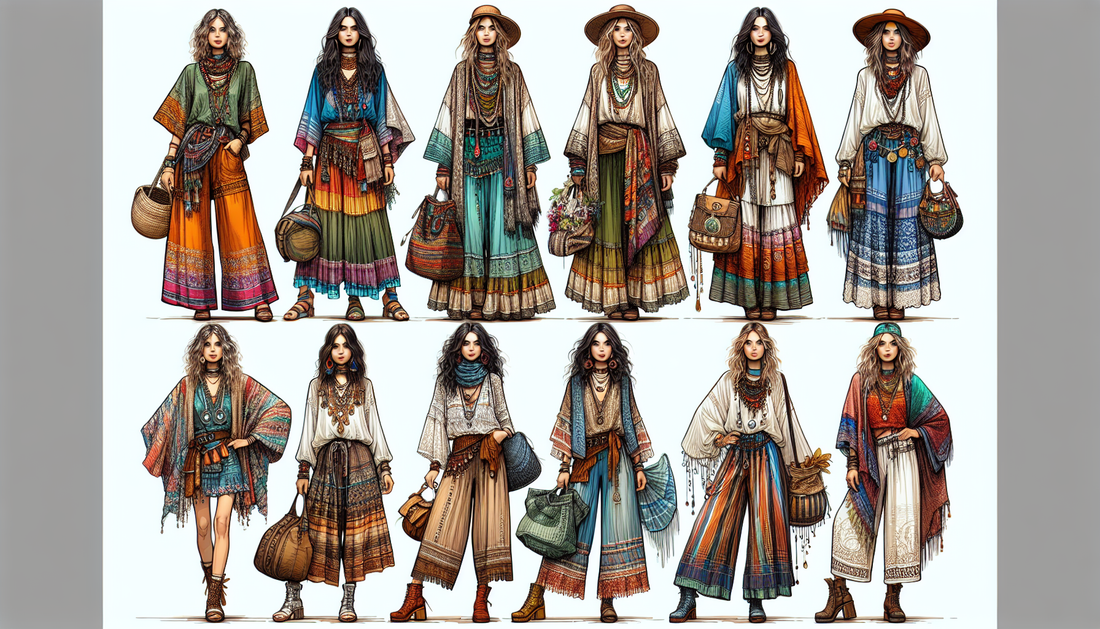 An ultimate guide demonstrating the perfect Bohemian layered look. The image contains detailed illustrations of vibrant, layered garments indicative of Bohemian style. It includes loose, free-flowing 