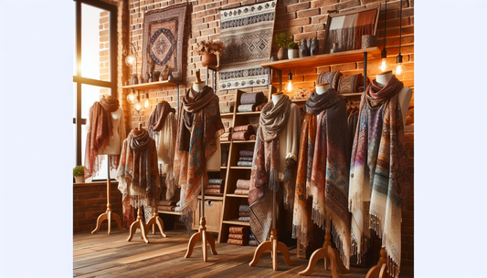 Picture a trendy fashion store showcasing a collection of bohemian scarves and wraps. The scarves and wraps are available in different patterns and hues, and the fashion accessories harmonize with eac