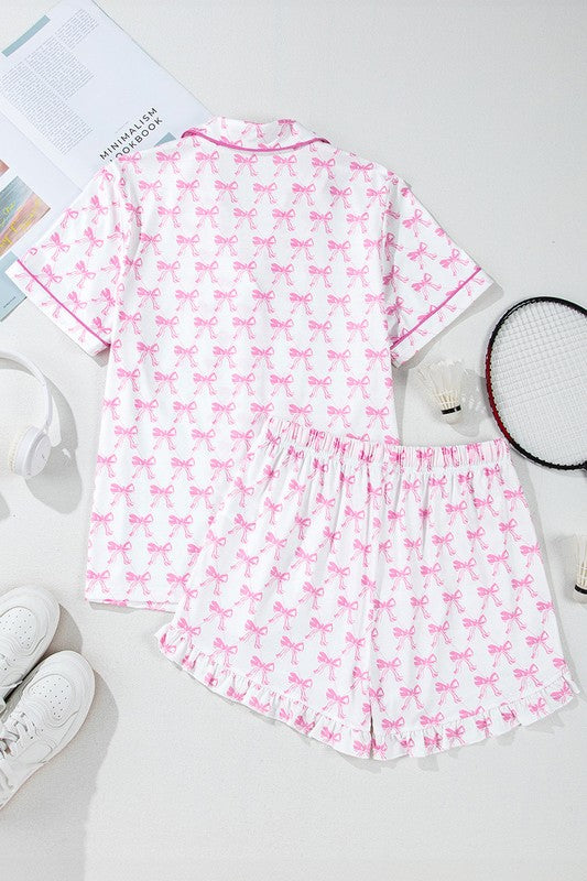 Bows Pajamas Set Short Sleeves + Ruffled Shorts