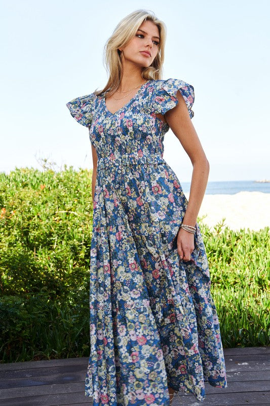 Modest Vintage Garden Floral Flutter Smocking Midi Dress