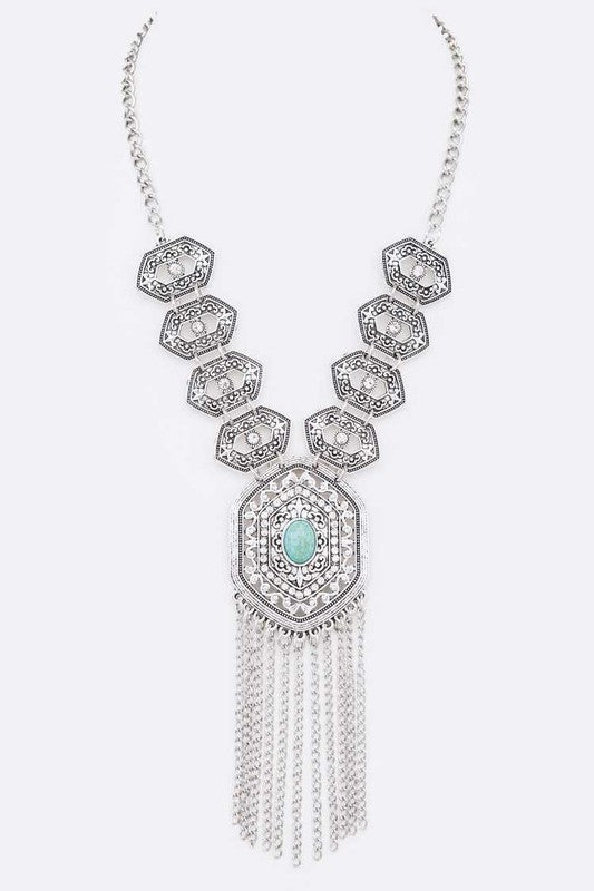 Vintage Turquoise Fringe Chain Necklace Set