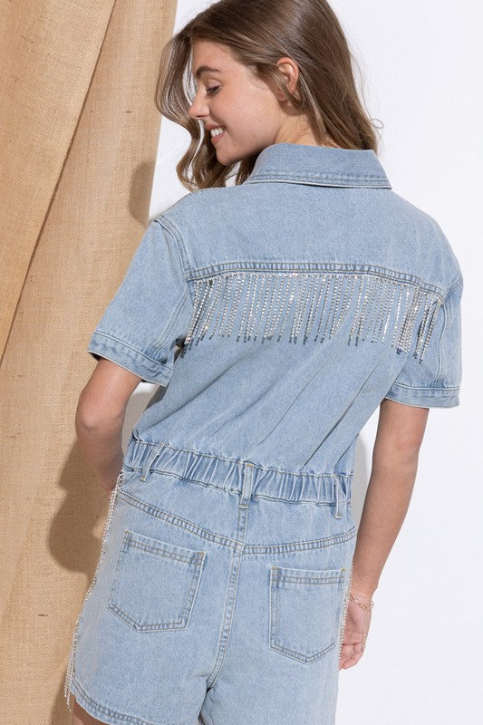 Rhinestone Denim Overall Romper