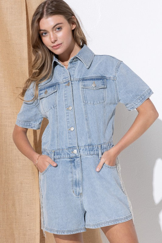 Rhinestone Denim Overall Romper