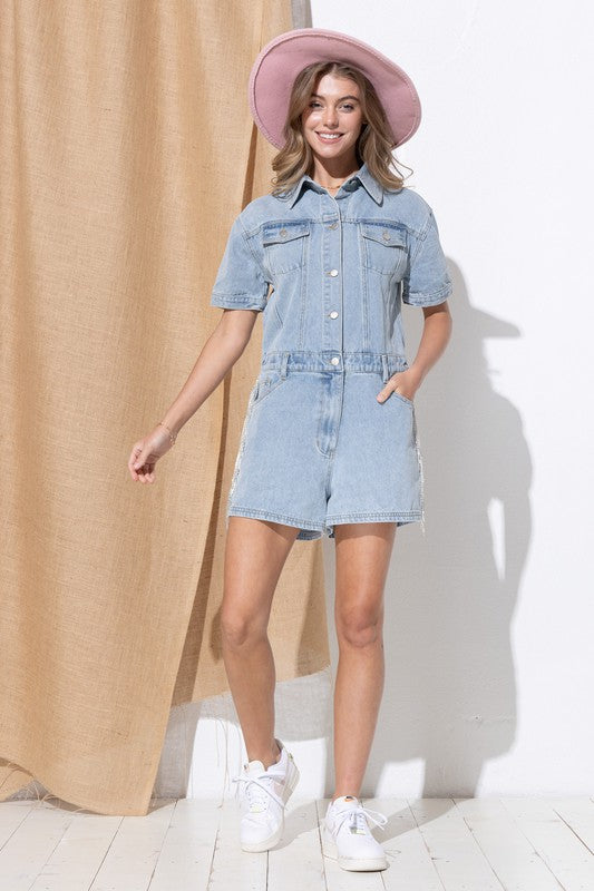 Rhinestone Denim Overall Romper