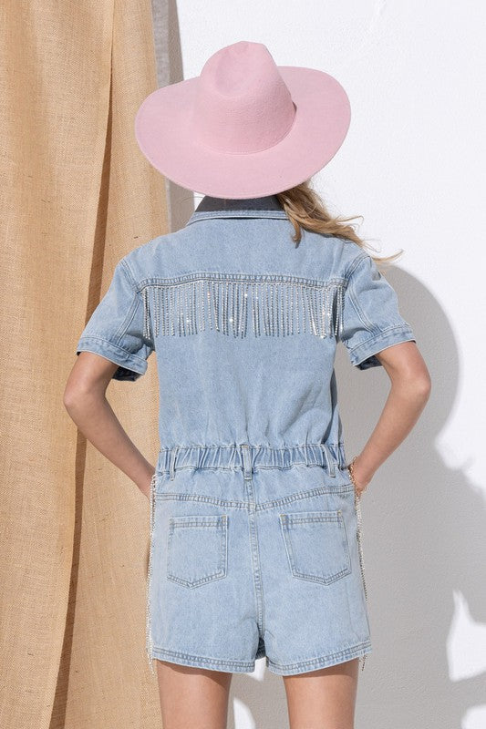 Rhinestone Denim Overall Romper