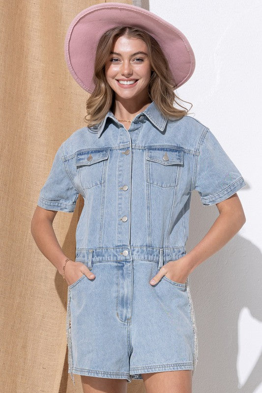 Rhinestone Denim Overall Romper