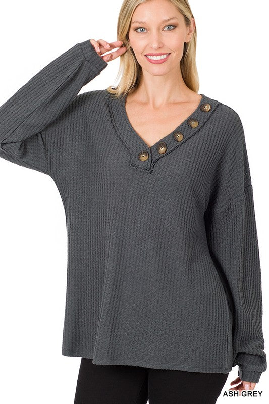 BRUSHED THERMAL WAFFLE BUTTON DETAIL SWEATER