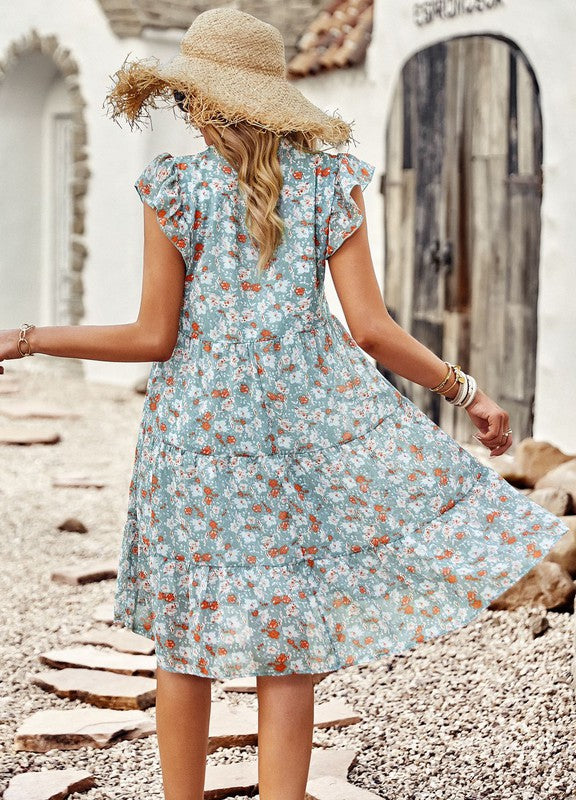 Floral v neck ruffle sleeve dress