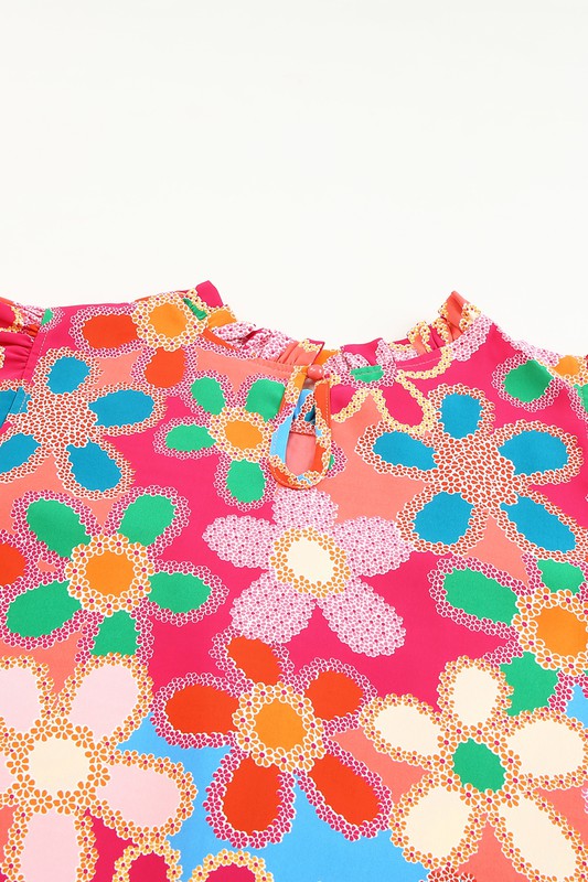 Embroidered Detail Floral Print RuffleTank Top