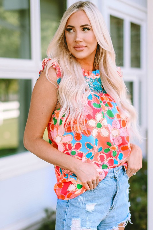 Embroidered Detail Floral Print RuffleTank Top