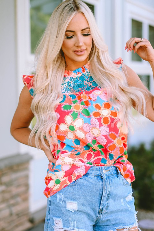 Embroidered Detail Floral Print RuffleTank Top