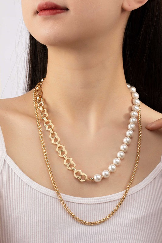 Layered Pearl and Chain Necklace