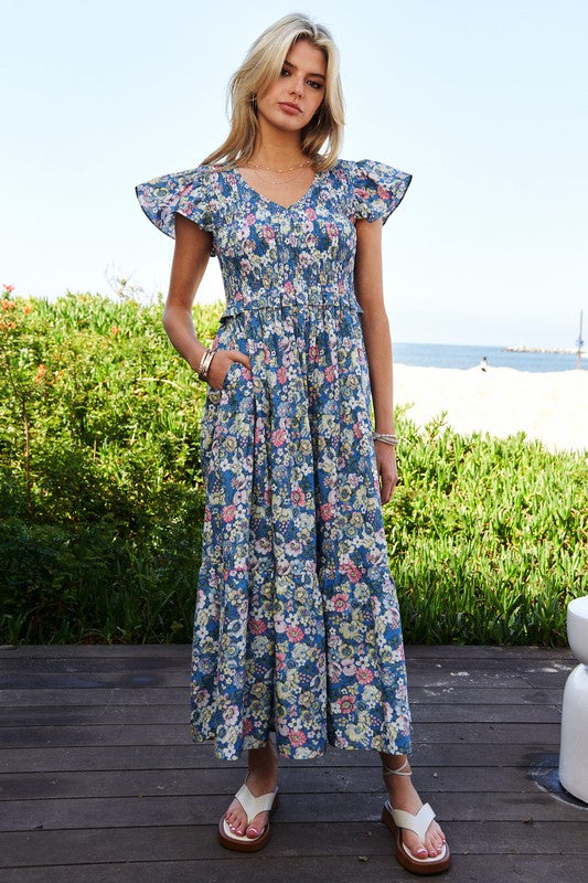 Modest Vintage Garden Floral Flutter Smocking Midi Dress