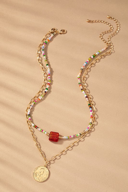 two layer multi color bead and chain necklace