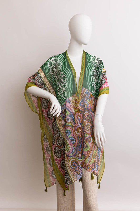 Paisley Print Open Front Kimono w/ Cinched Arms