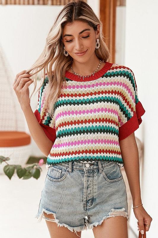 PiPPY Colorblocked Piping Batwing Sleeve Knit Sweaters Top