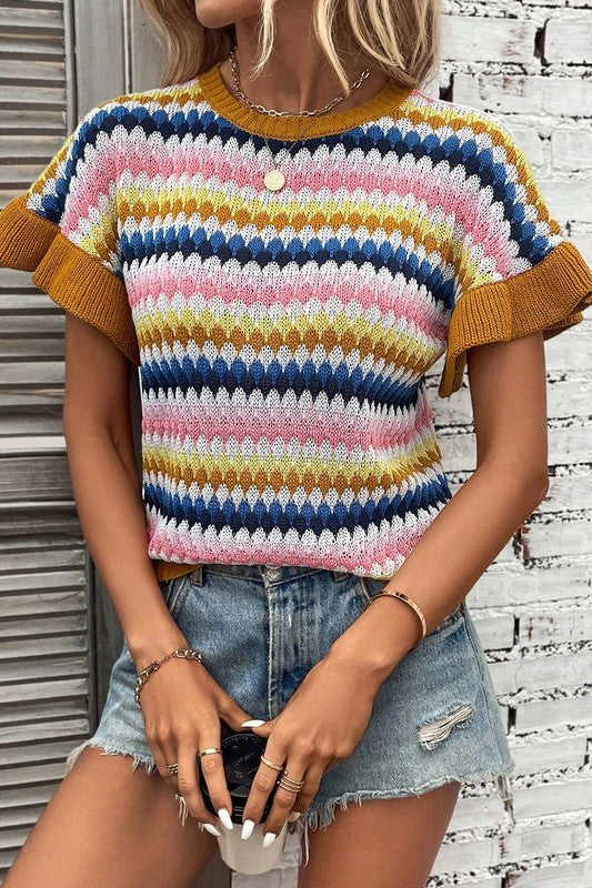 PiPPY Colorblocked Piping Batwing Sleeve Knit Sweaters Top