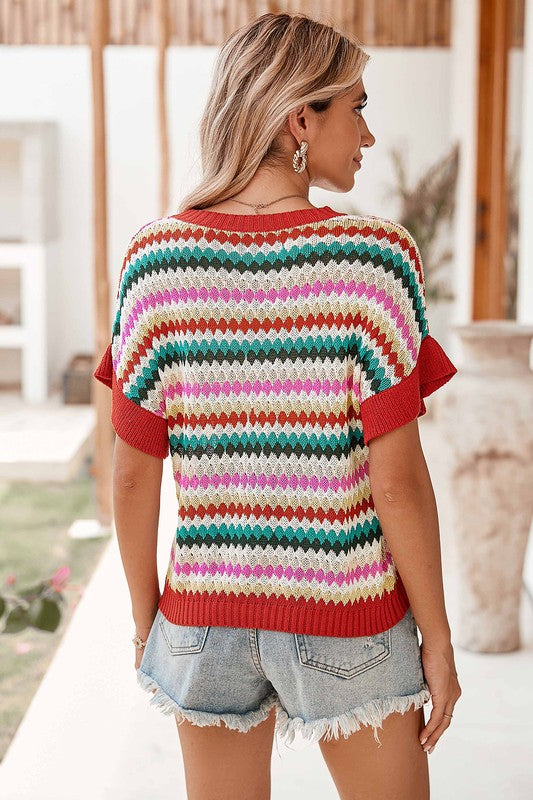 PiPPY Colorblocked Piping Batwing Sleeve Knit Sweaters Top