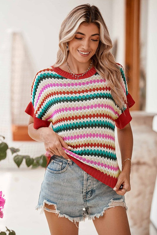 PiPPY Colorblocked Piping Batwing Sleeve Knit Sweaters Top