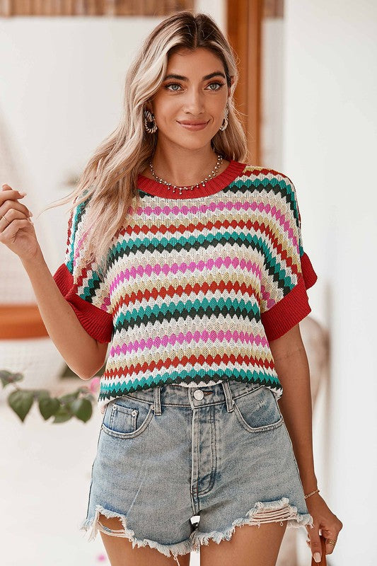 PiPPY Colorblocked Piping Batwing Sleeve Knit Sweaters Top