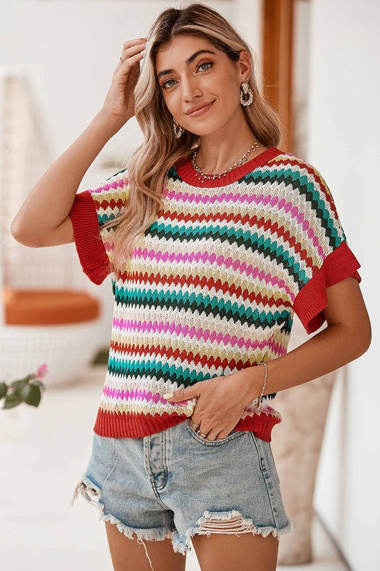 PiPPY Colorblocked Piping Batwing Sleeve Knit Sweaters Top