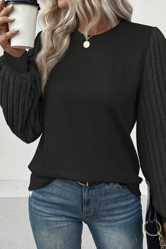 PiPPY Contrast Ribbed Bishop Sleeve Top