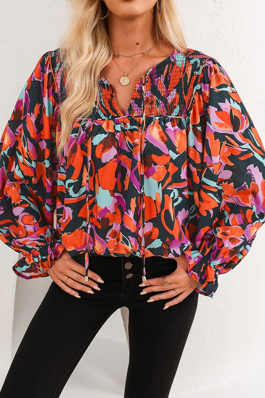 PiPPY Red Abstract Floral Shirred Puff Sleeve Blouse Shirt