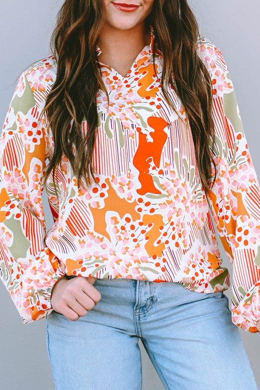 PiPPY Orange Printed Split V Neck Puff Sleeve Blouse Top