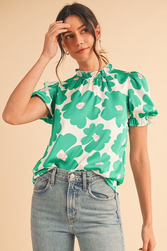 Green Floral Puff Sleeve Frill Neckline Blouse