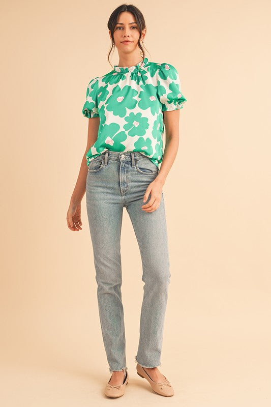 Green Floral Puff Sleeve Frill Neckline Blouse