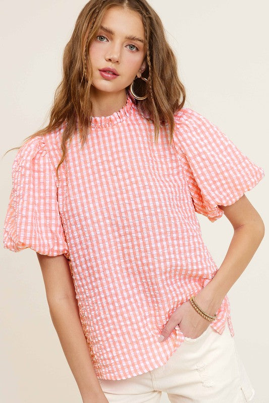 Gingham Check Print Puff Sleeve Top