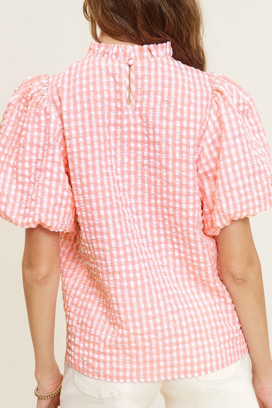 Gingham Check Print Puff Sleeve Top