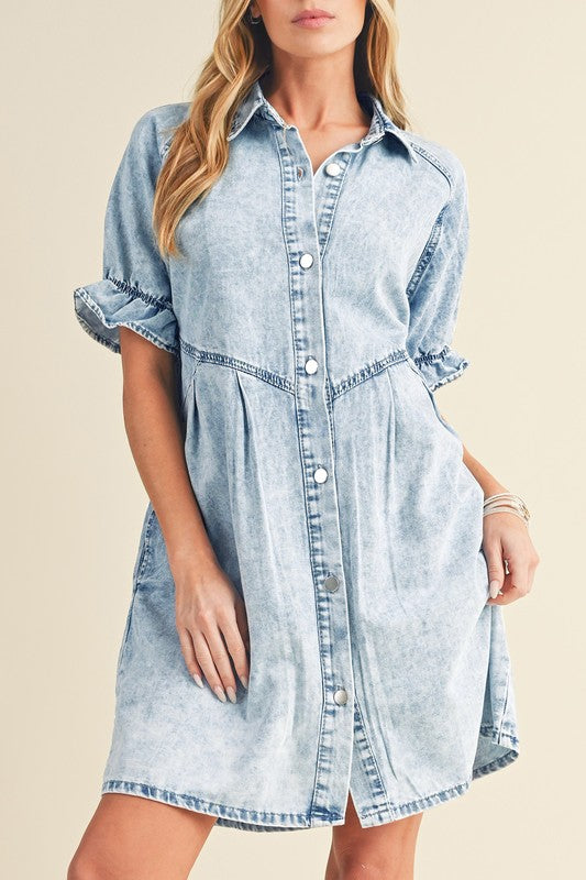 Ruffled Short Sleeve Buttoned Denim Dress