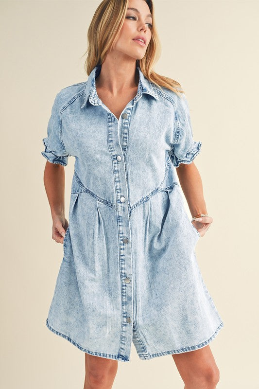 Ruffled Short Sleeve Buttoned Denim Dress