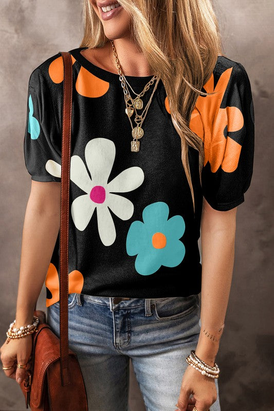 Big Flower Print Bubble Sleeve Tee