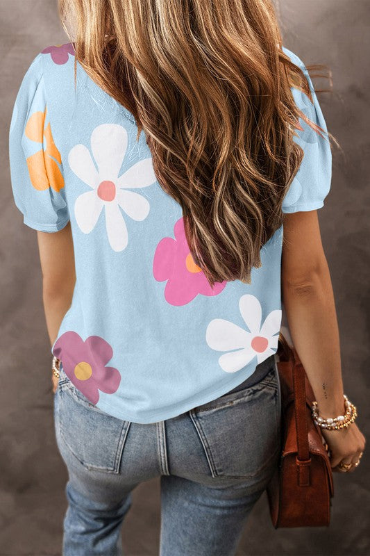 Big Flower Print Bubble Sleeve Tee