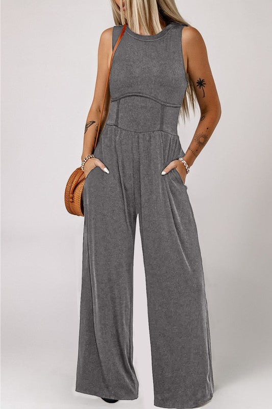 PiPPY Cinched Waist Sleeveless Wide Leg Jumpsuit