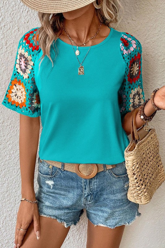 Floral Crochet Short Sleeve Top