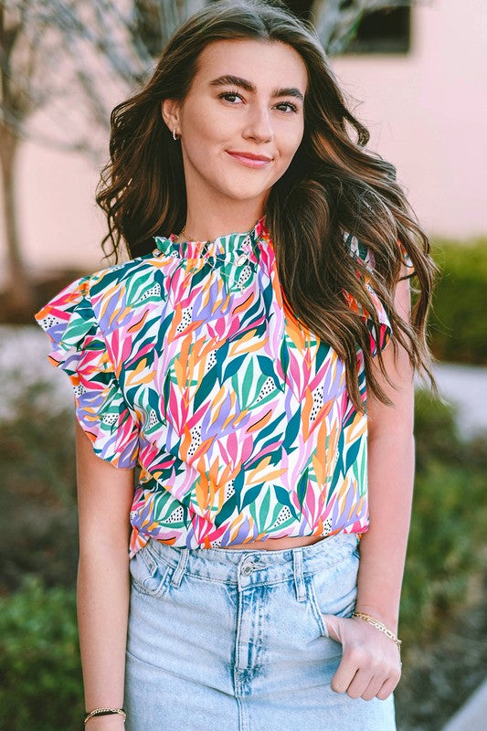 Abstract Print Ruffled Flutter Shoulder Blouse