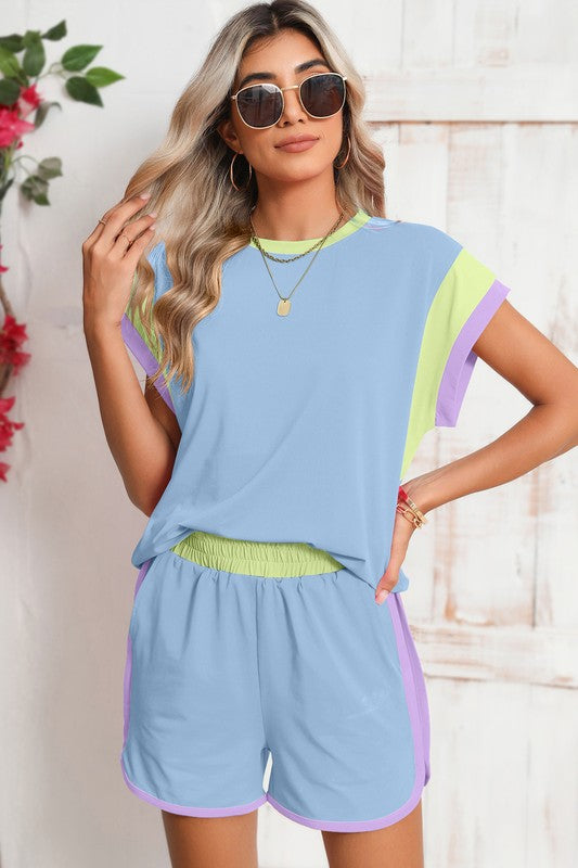 PiPPY Contrast Trim Cap Sleeve Tee Shorts Set