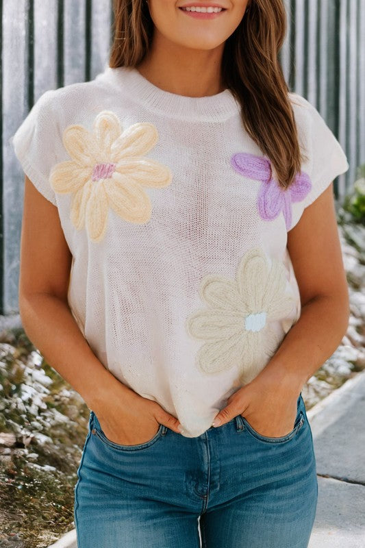 Big Flower Knit Short Sleeve Sweater