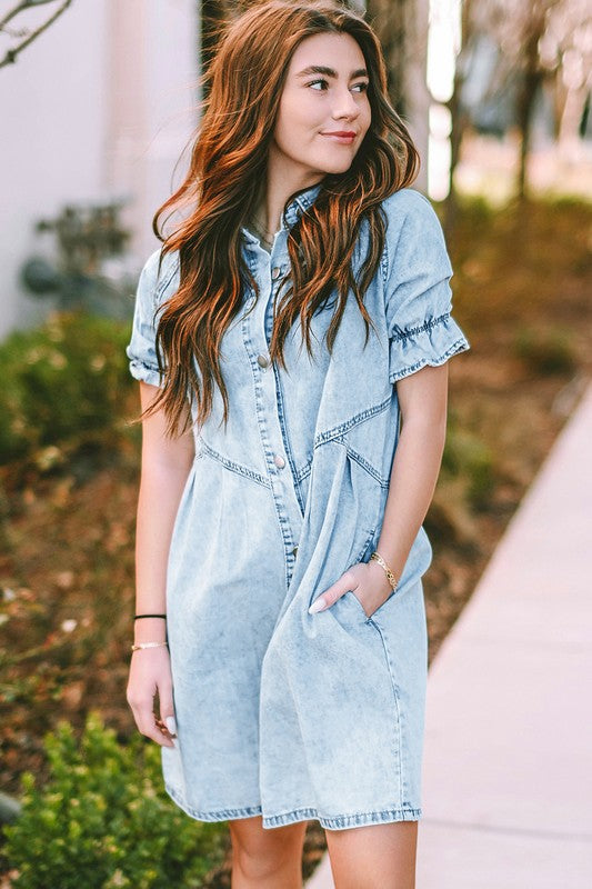 Mineral Ruffled Short Sleeve Buttoned Denim Dress