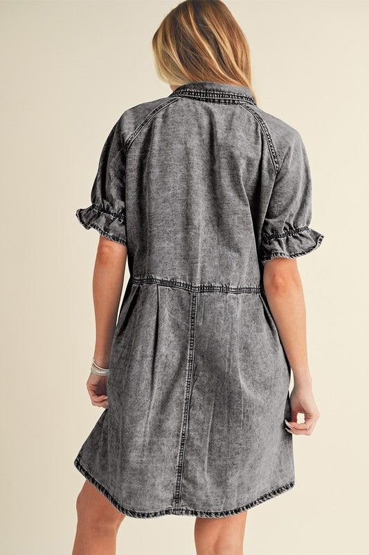 Mineral Ruffled Short Sleeve Buttoned Denim Dress