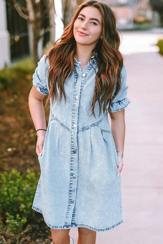 Mineral Ruffled Short Sleeve Buttoned Denim Dress