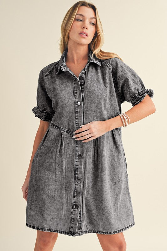 Mineral Ruffled Short Sleeve Buttoned Denim Dress