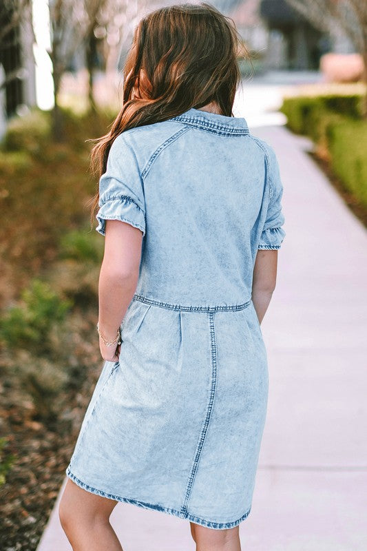 Mineral Ruffled Short Sleeve Buttoned Denim Dress