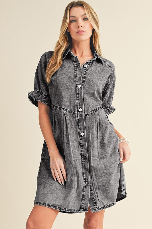 Mineral Ruffled Short Sleeve Buttoned Denim Dress