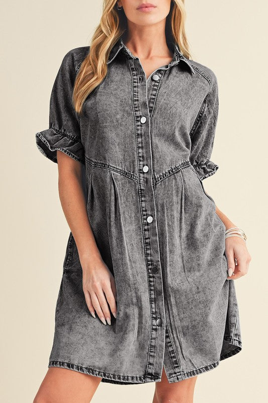 Mineral Ruffled Short Sleeve Buttoned Denim Dress