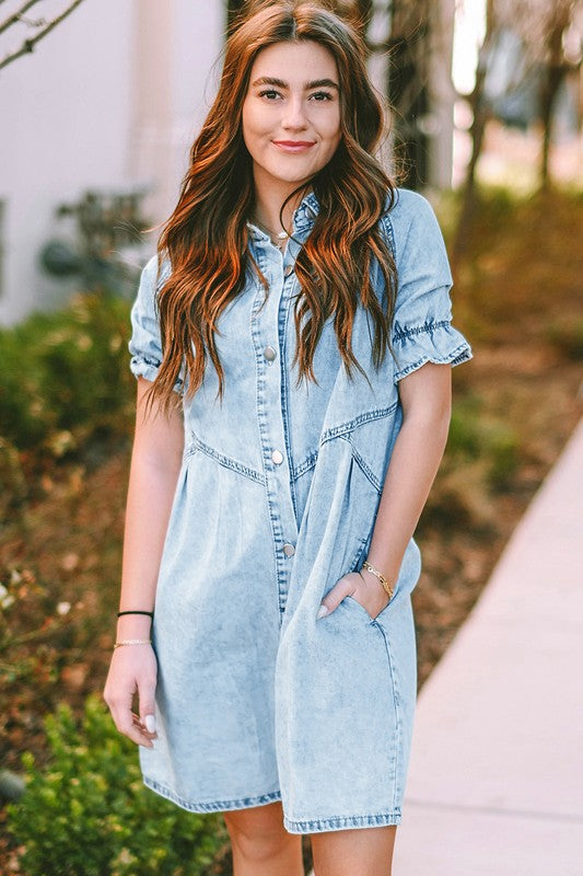 Mineral Ruffled Short Sleeve Buttoned Denim Dress