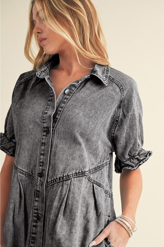 Mineral Ruffled Short Sleeve Buttoned Denim Dress